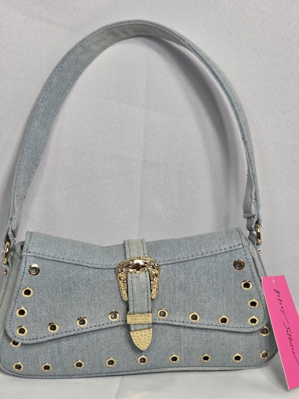 Betsey Johnson Xoisla Denim Shoulder Bag Gold Western Buckle Grommet Purse NWT